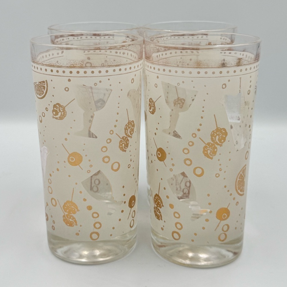 Vintage MCM Gailstyn Sutton White & Gold Cocktail Motif Collins Glasses Set of 4